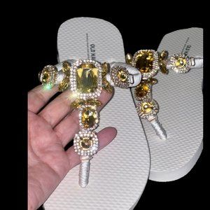 Canary Yellow Crystal Beach Flip Flops, Rhinestone Bling Shoes SZ 7 Bejeweled